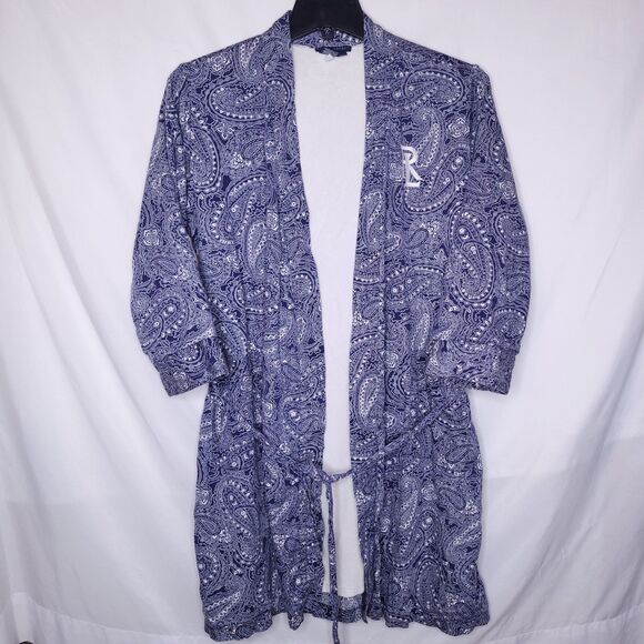 Ralph Lauren Robe Womens M/L Navy Paisley AOP Cotton Embroidered - Picture 1 of 10